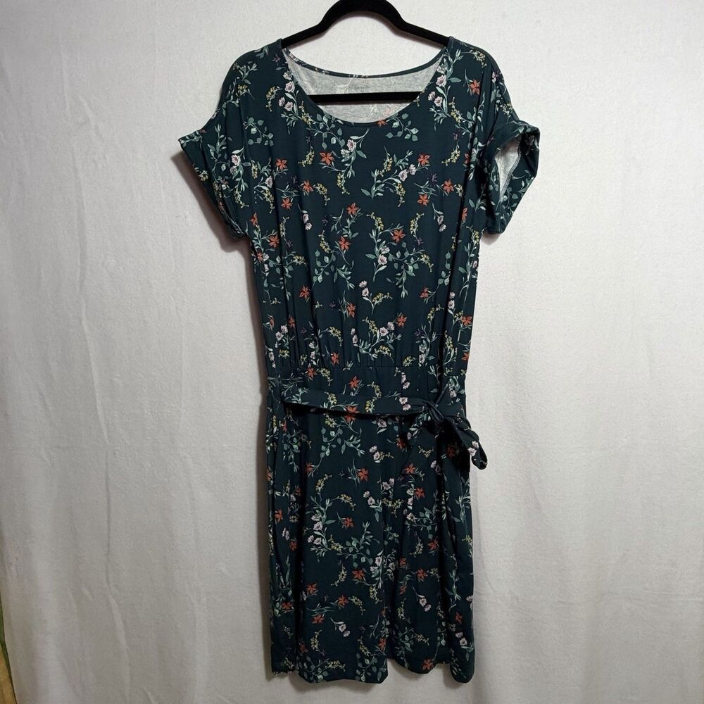 Garnet Hill Teal Floral Faux Wrap Skirt Lined Tie Waist Knit Midi Dress Size L